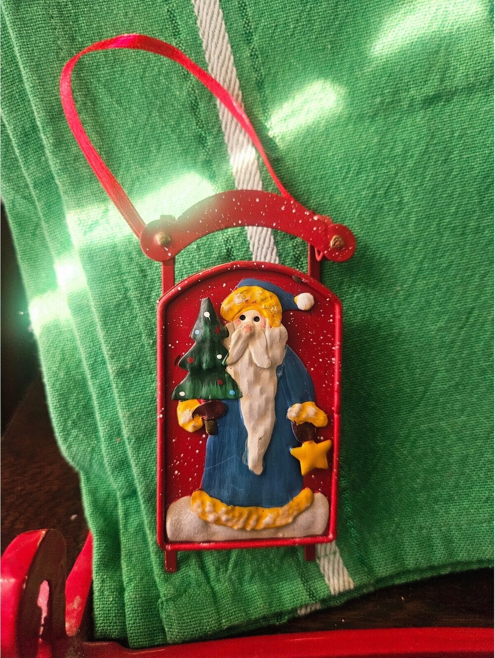 Vintage Metal Christmas Ornament with Santa Claus and Tree Design, 4.5 Inches